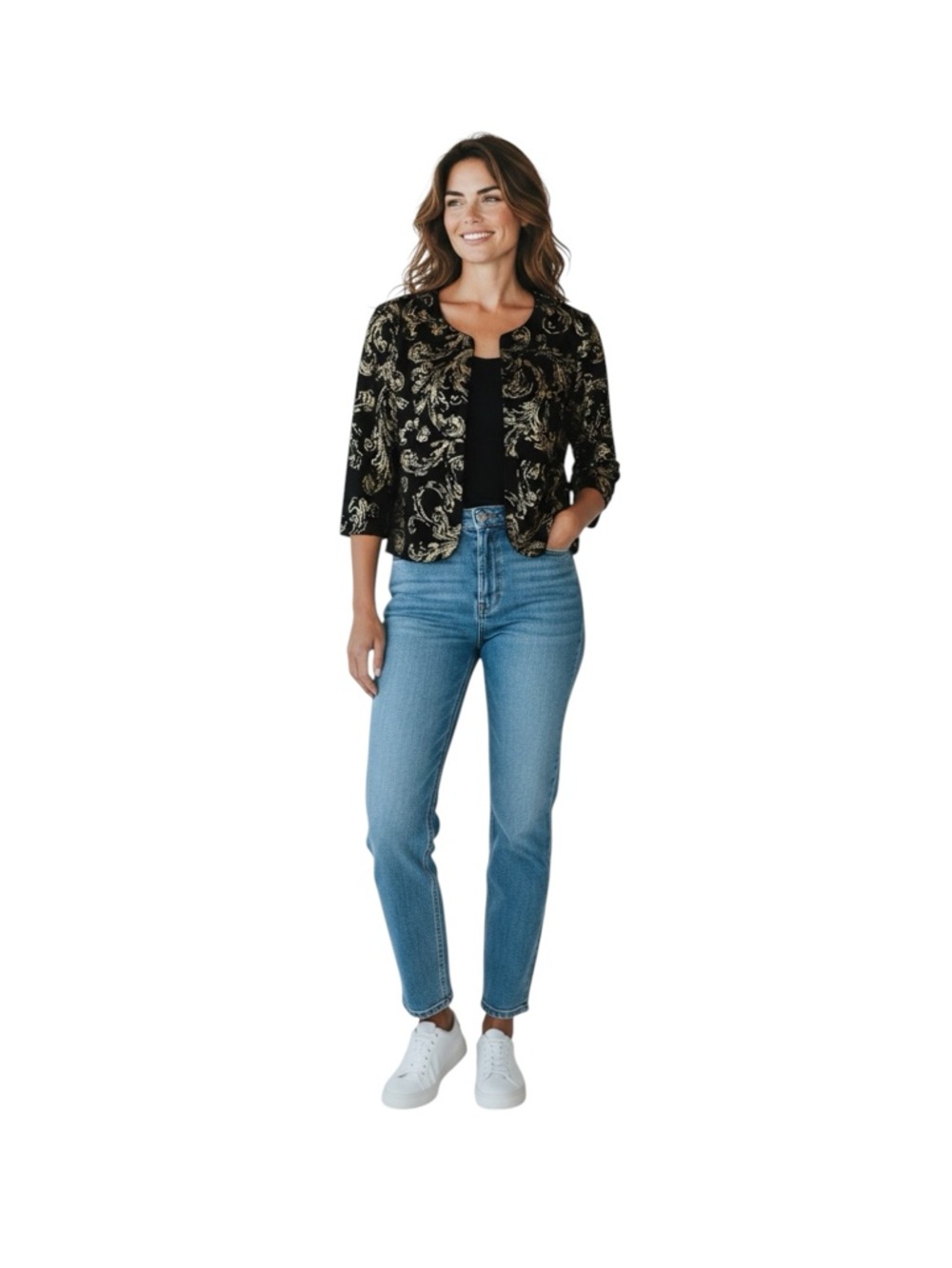 Alex Evenings Black Gold Scroll Print Dressy Open Front Jacket Blazer Size L